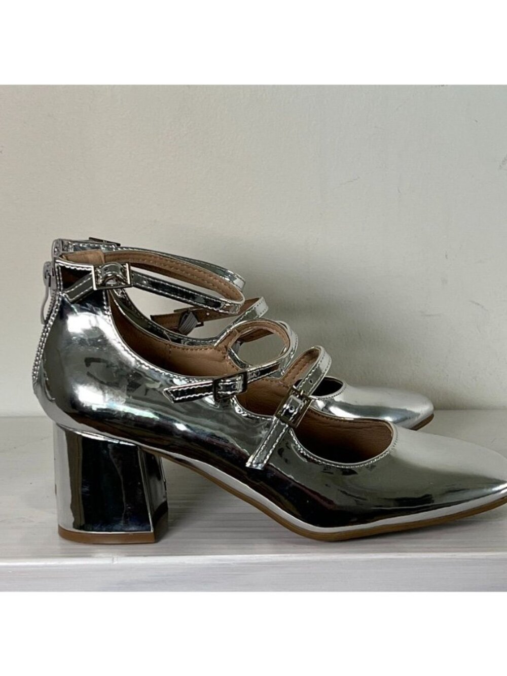 Silver Mirror Mary Jane Heel Women 7 Block Heel Y2K Party Disco Shoes Retro Glam - Picture 3 of 11